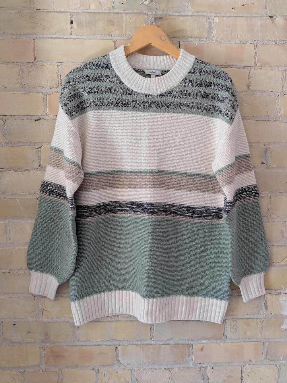 2 For $50 Striped Crewneck Sweater in Cream and Sage